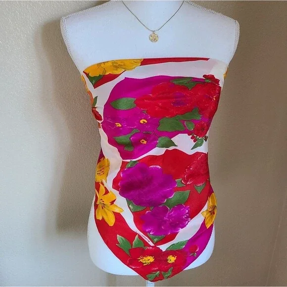 vintage silk scarf square liz claiborne bright floral - Picture 4 of 4